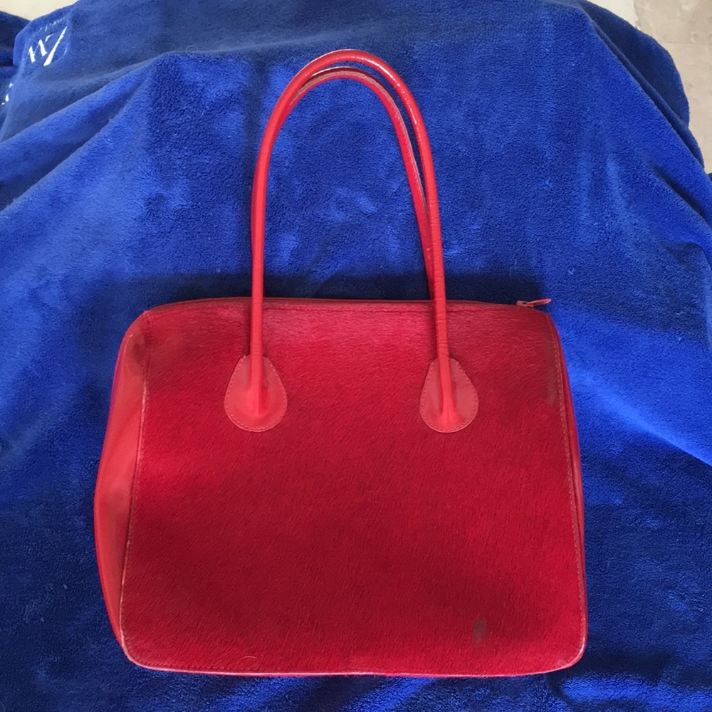 Horse hair and patent leather bag